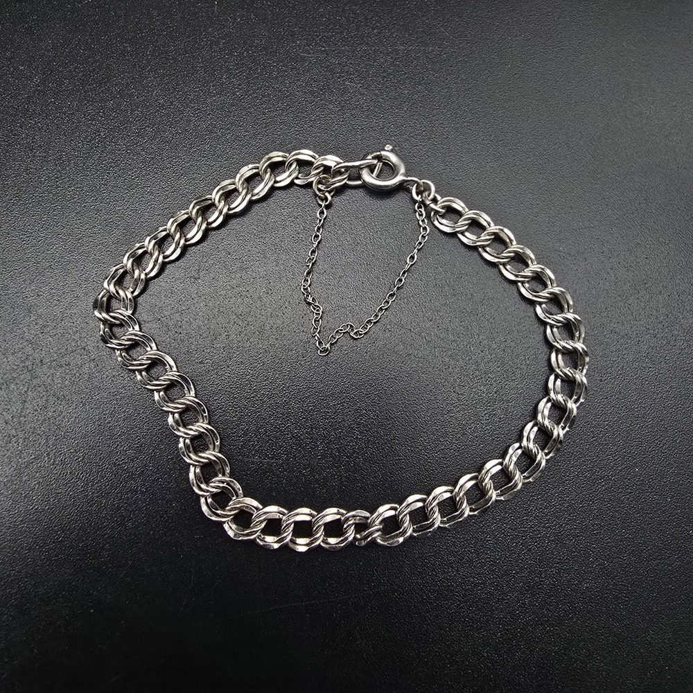 Sterling Silver Double Curb Link Charm Bracelet Chain